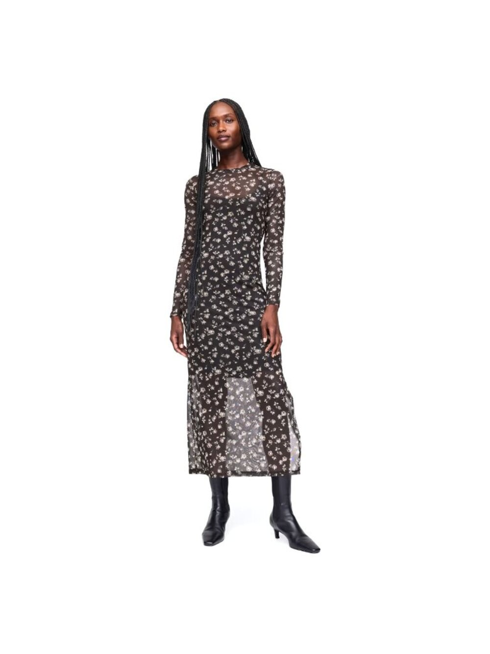 Gap Mesh Midi Dress Black Floral Print Long Sleeve Size L - Picture 1 of 12